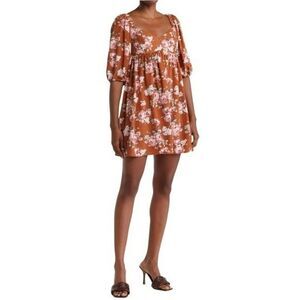 Wayf Dusty Rose Pink Puff Sleeves Floral Mini Dress Size XS NWT